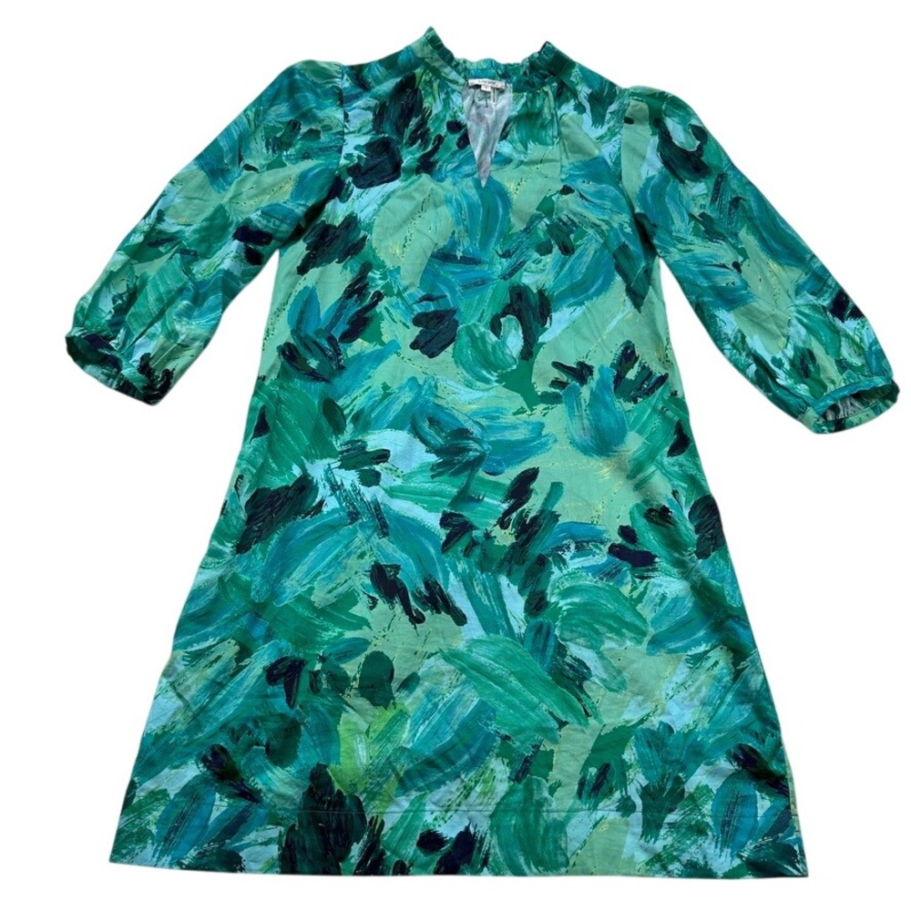 Tyler Boe Abstract Brushstroke Green Blue‎ V Neck Cotton 3/4 Sleeve Dress Size 8